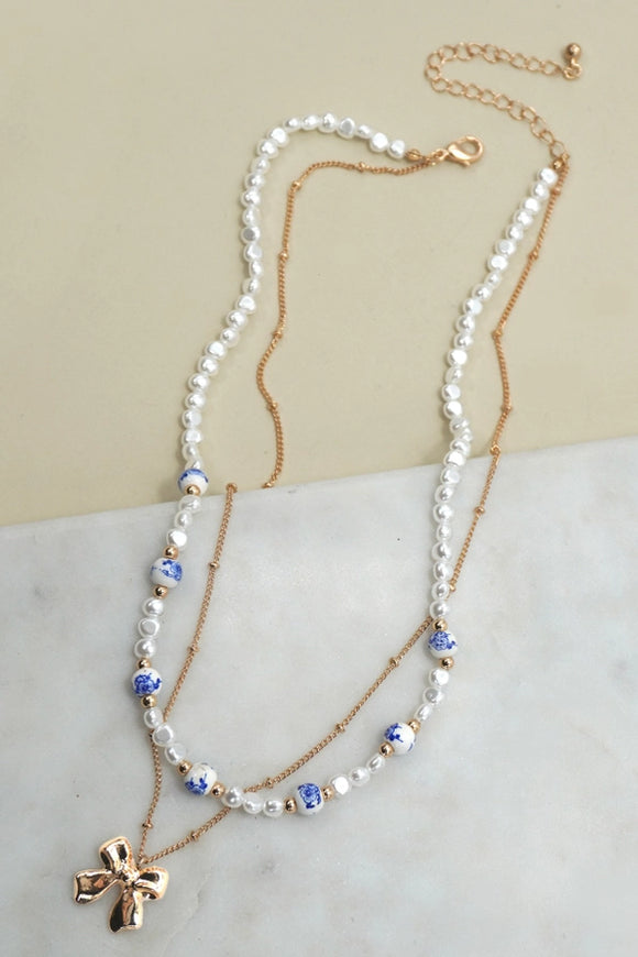 Blue Ceramic Bow Layer Chain | Gold Necklace