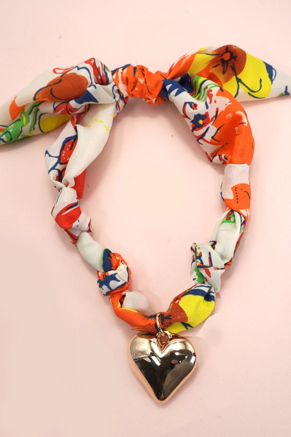 Handmade Scarf Necklace | Orange Floral/Heart