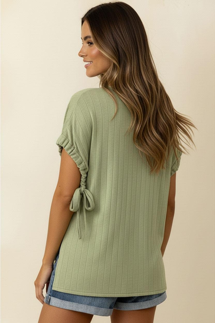 Ribbon Bow Detail Wide Rib Top | Sage