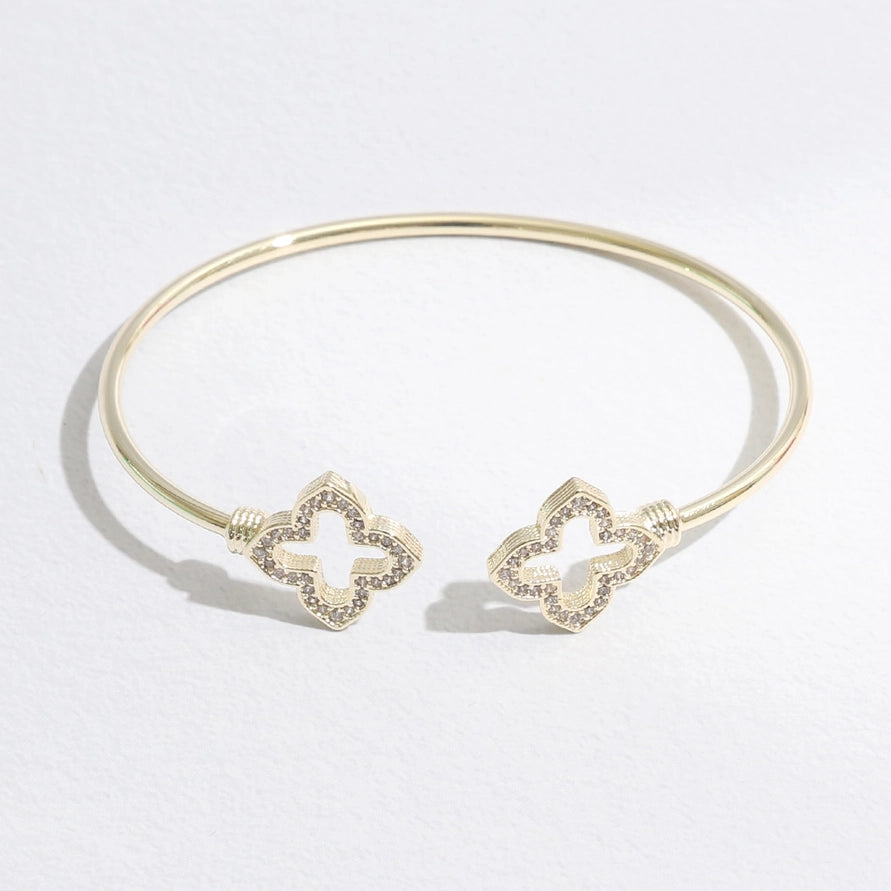 CZ Outlined Cross Edge Bangle Bracelet | Gold