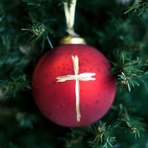 Cross Glass Ball Ornament | Red+Gold