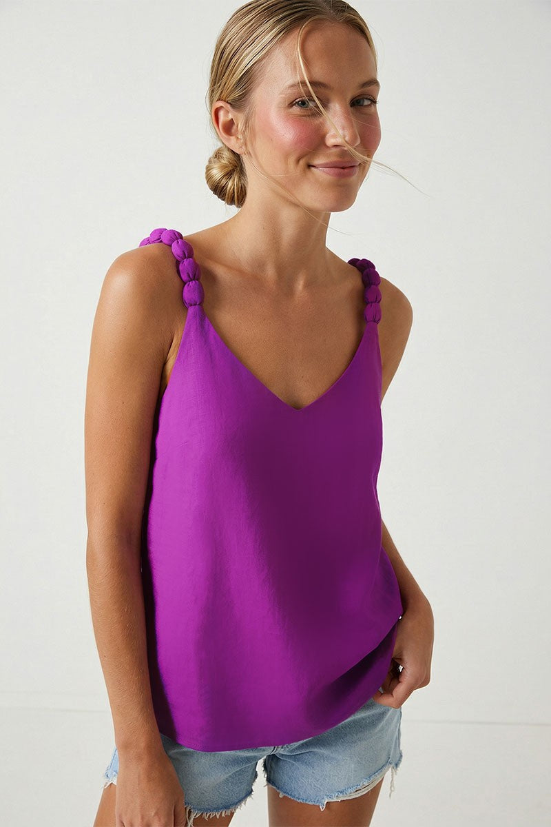 Silky Bubble Puff Strap Detail Tank Top | Purple