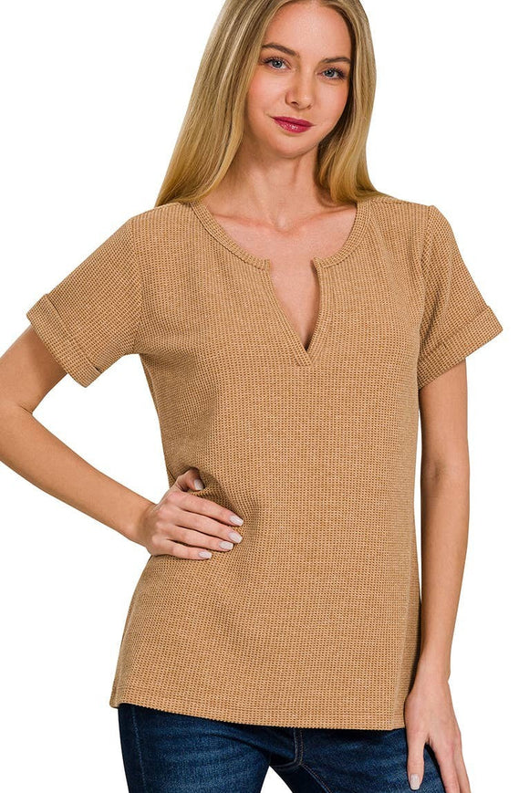 Waffle Knit Henley Top | Camel