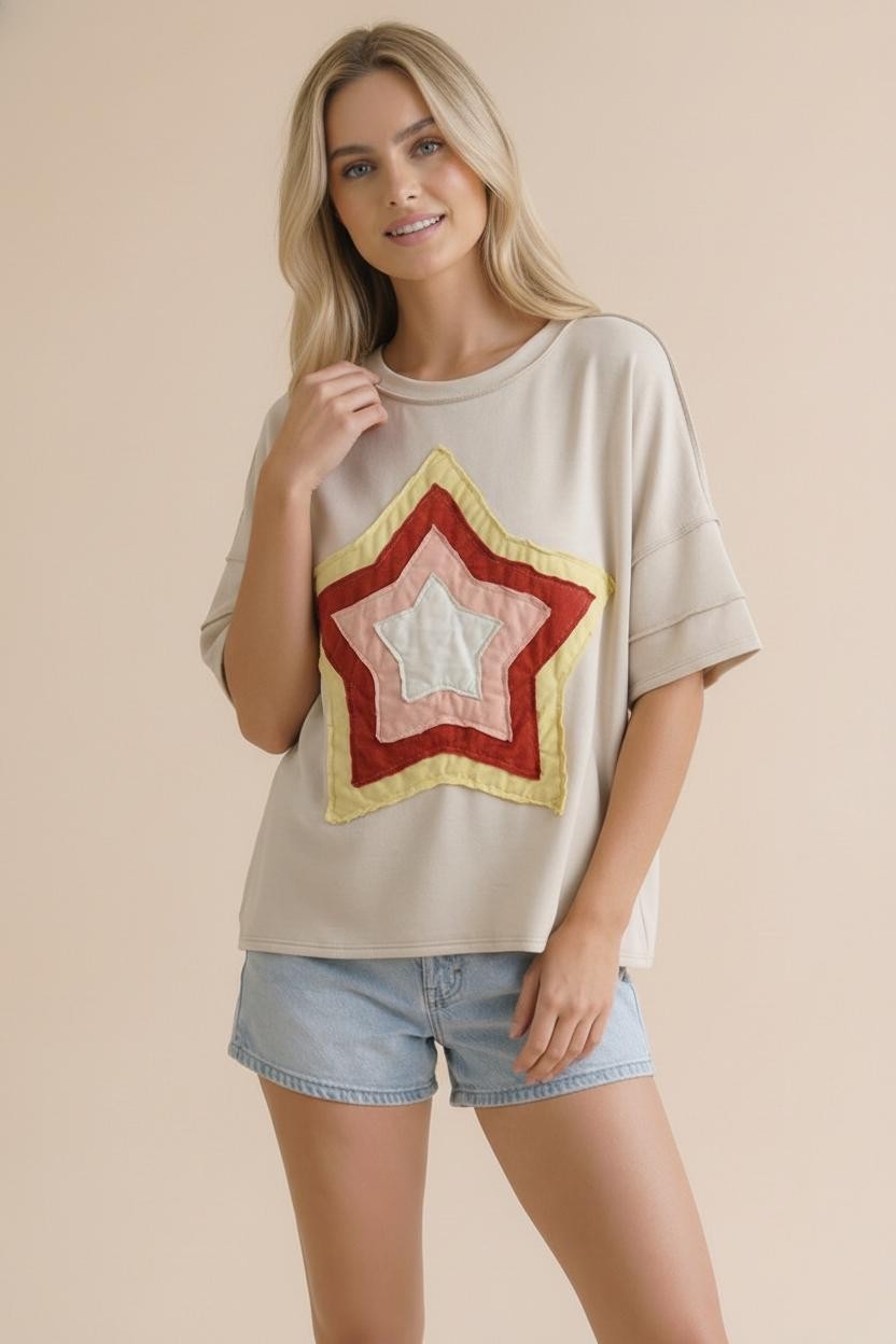 Star Multi Color Patchwork Top | Cream