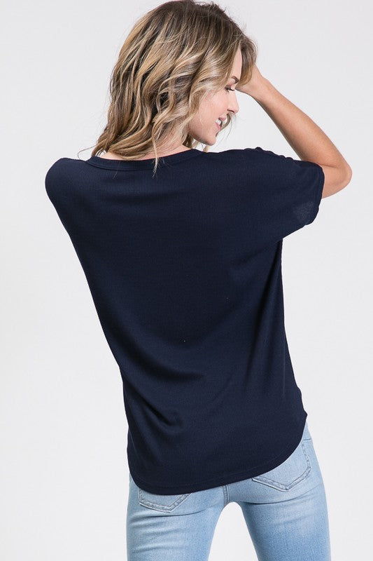 Front Tie Waffle Button Top | Black