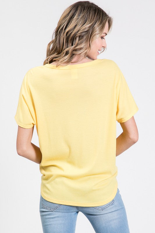 Front Tie Waffle Button Top | Yellow