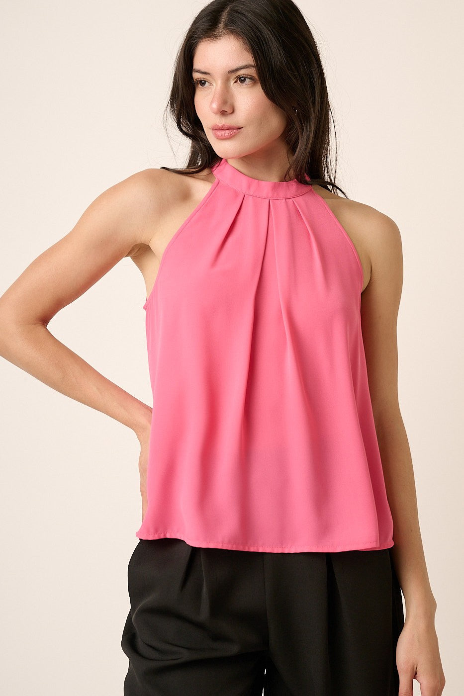 Pleated A-Line Halter Top | Hot Pink