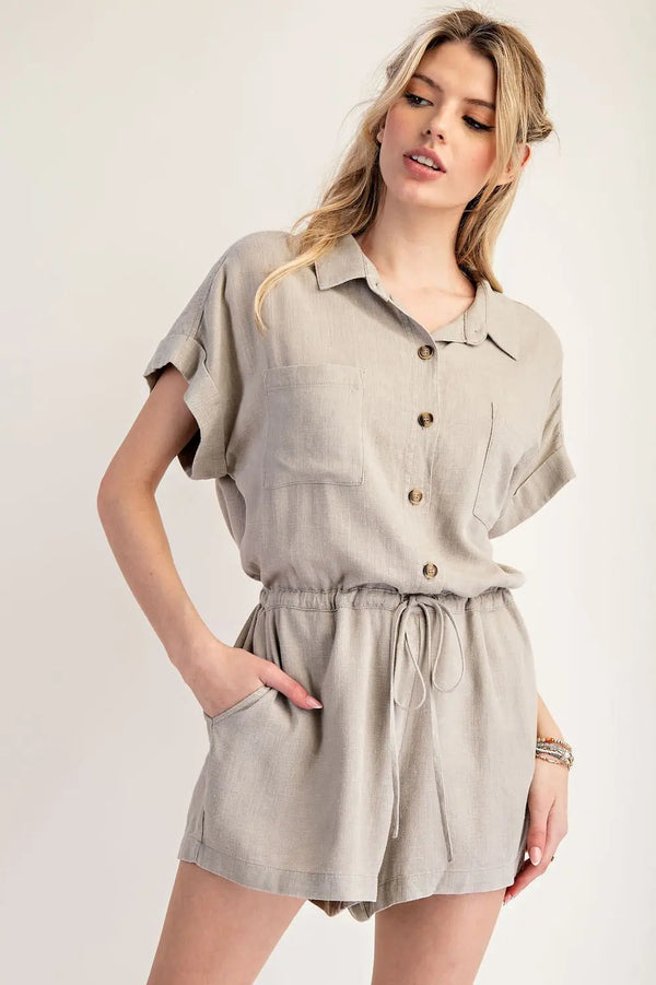 Washed Button Down Romper | Pale Oak