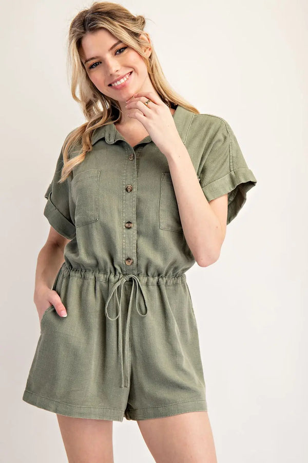 Washed Button Down Romper | Sage Green
