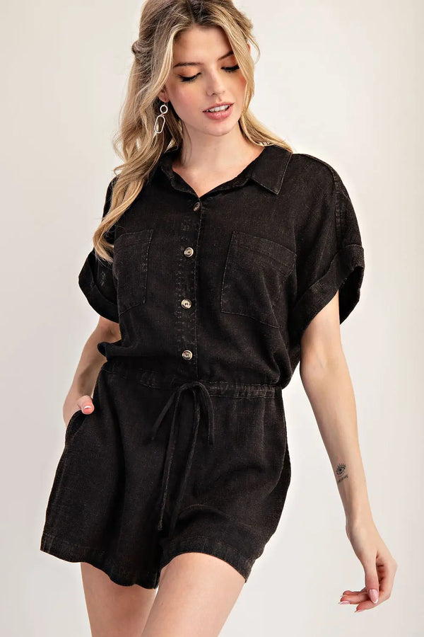 Washed Button Down Romper | Black