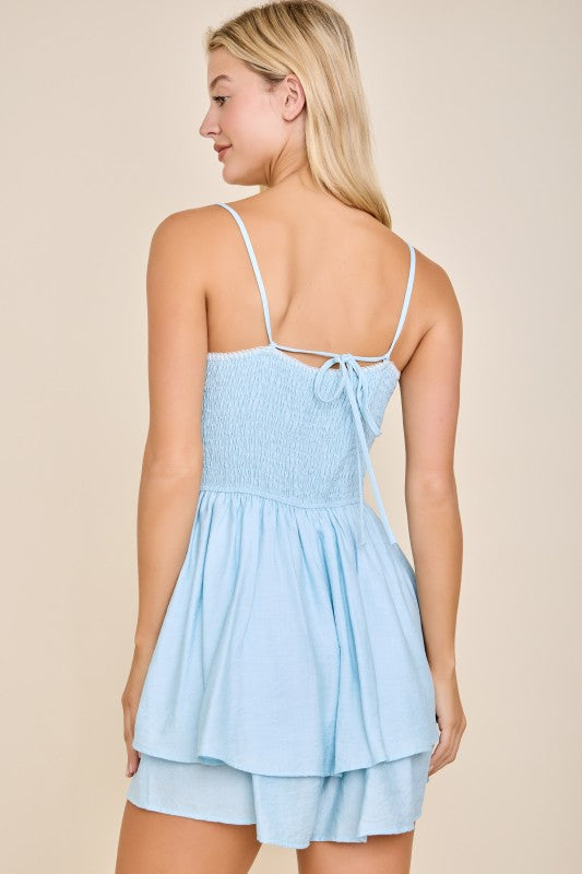 Western Embroidered Layered Skort Romper | Light Blue