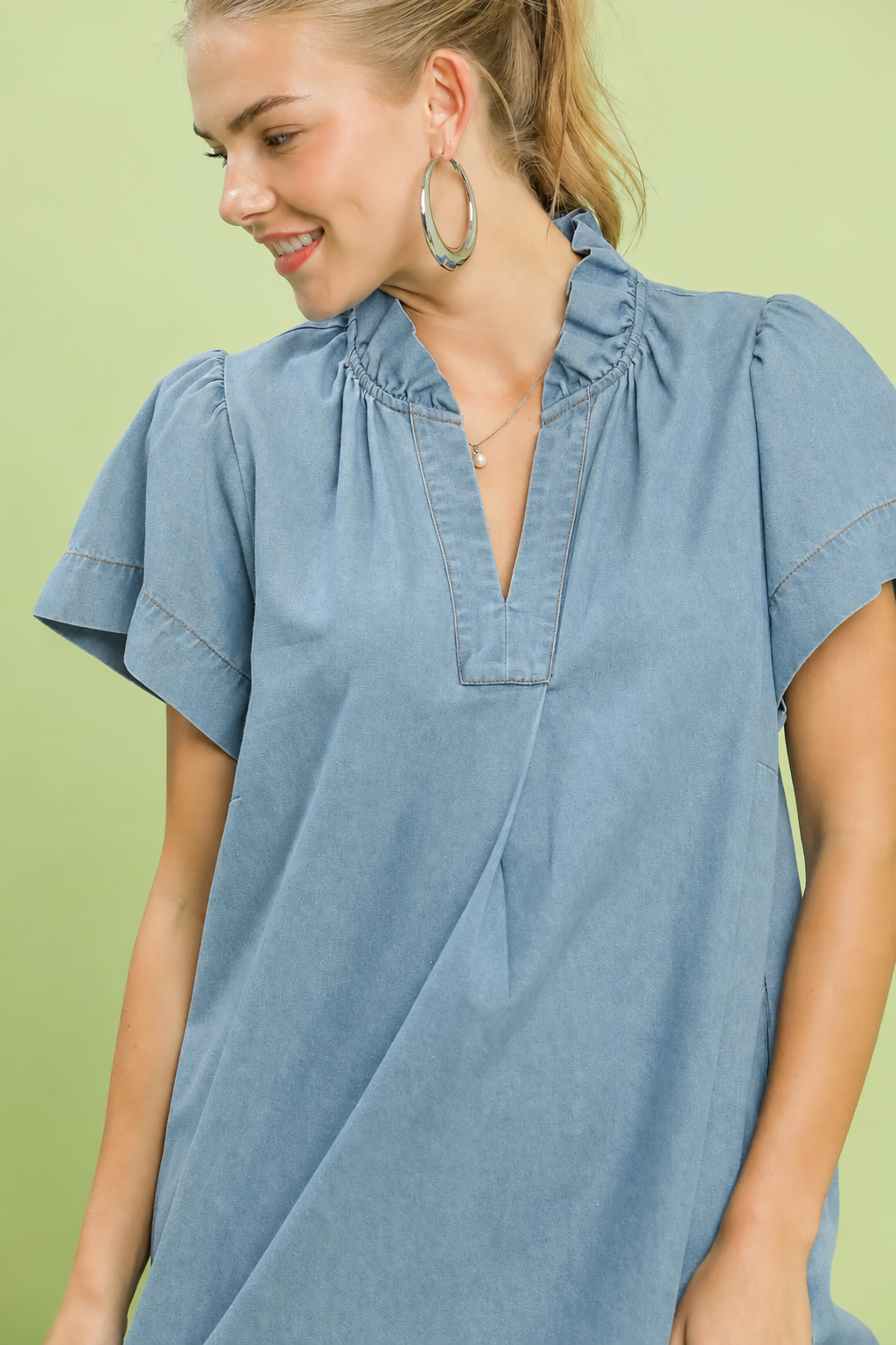 Denim Ruffle Collar Dress | Light Wash
