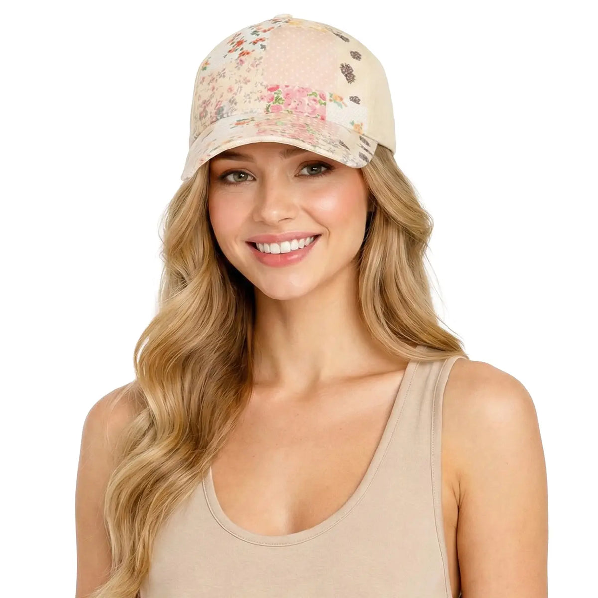Floral Patchwork Ponytail Trucker Cap | Beige