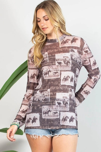 Western Rodeo Sheer Mesh Top | Brown