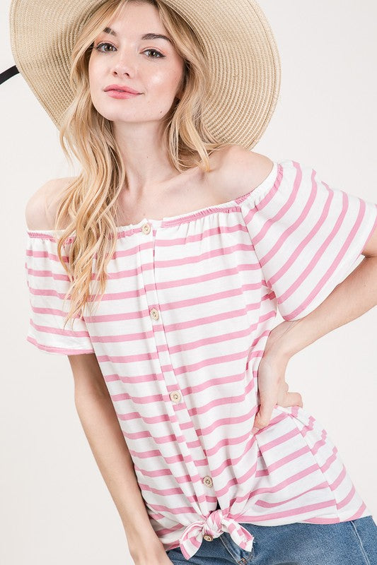 Striped Off The Shoulder Front Tie Top | Blush