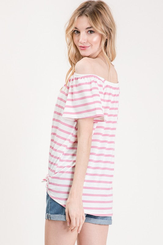 Striped Off The Shoulder Front Tie Top | Blush