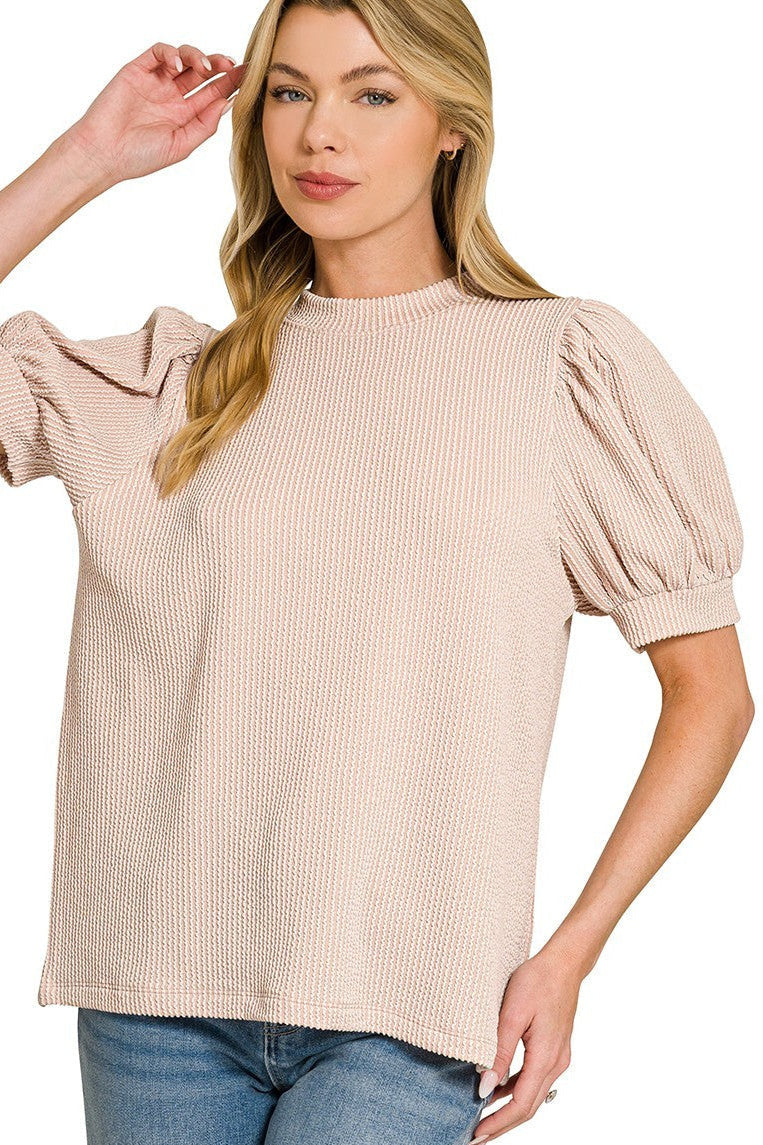 Raised Rib Puff Sleeve Top | Ash Mocha