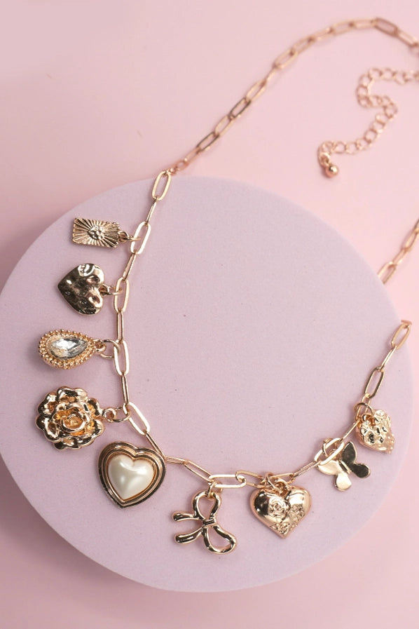 Gold Charm Necklace | Heart Rhinestone Bow Flower