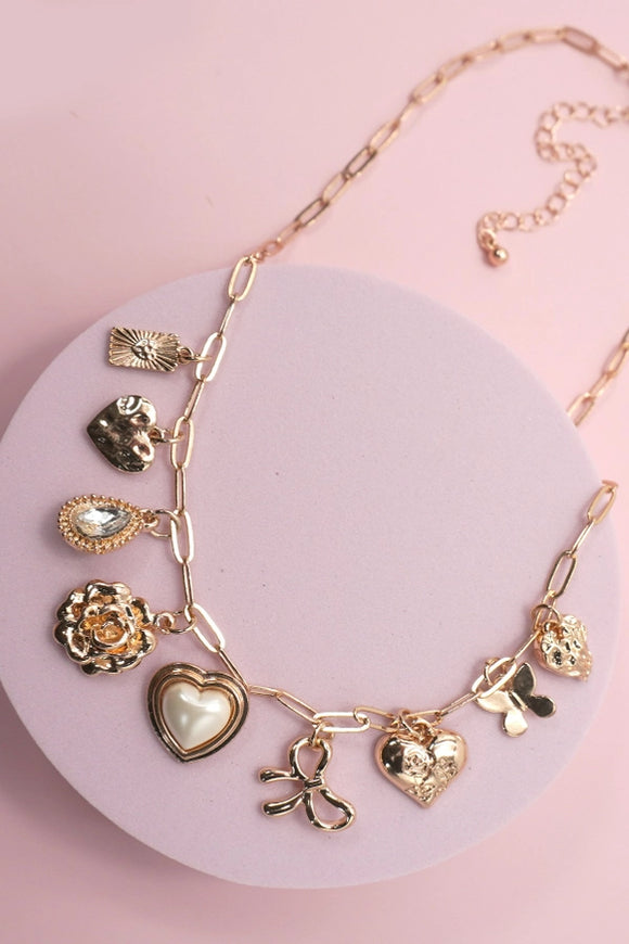 Gold Charm Necklace | Heart Rhinestone Bow Flower