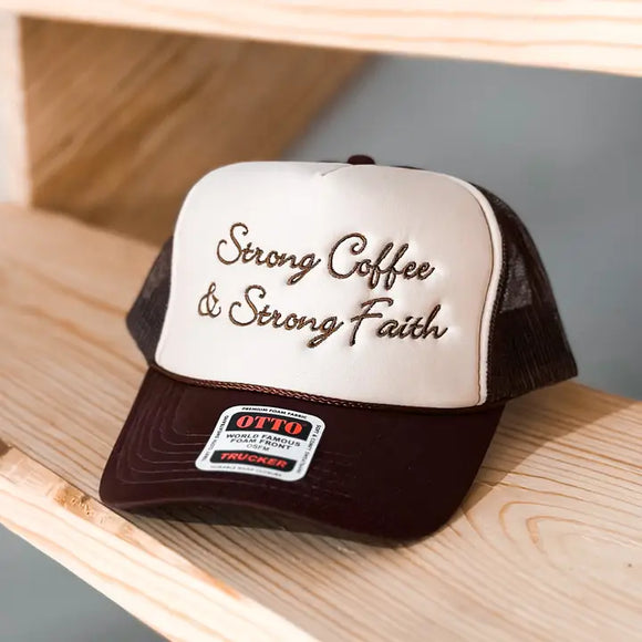 Strong Coffee & Strong Faith Trucker Cap | Brown
