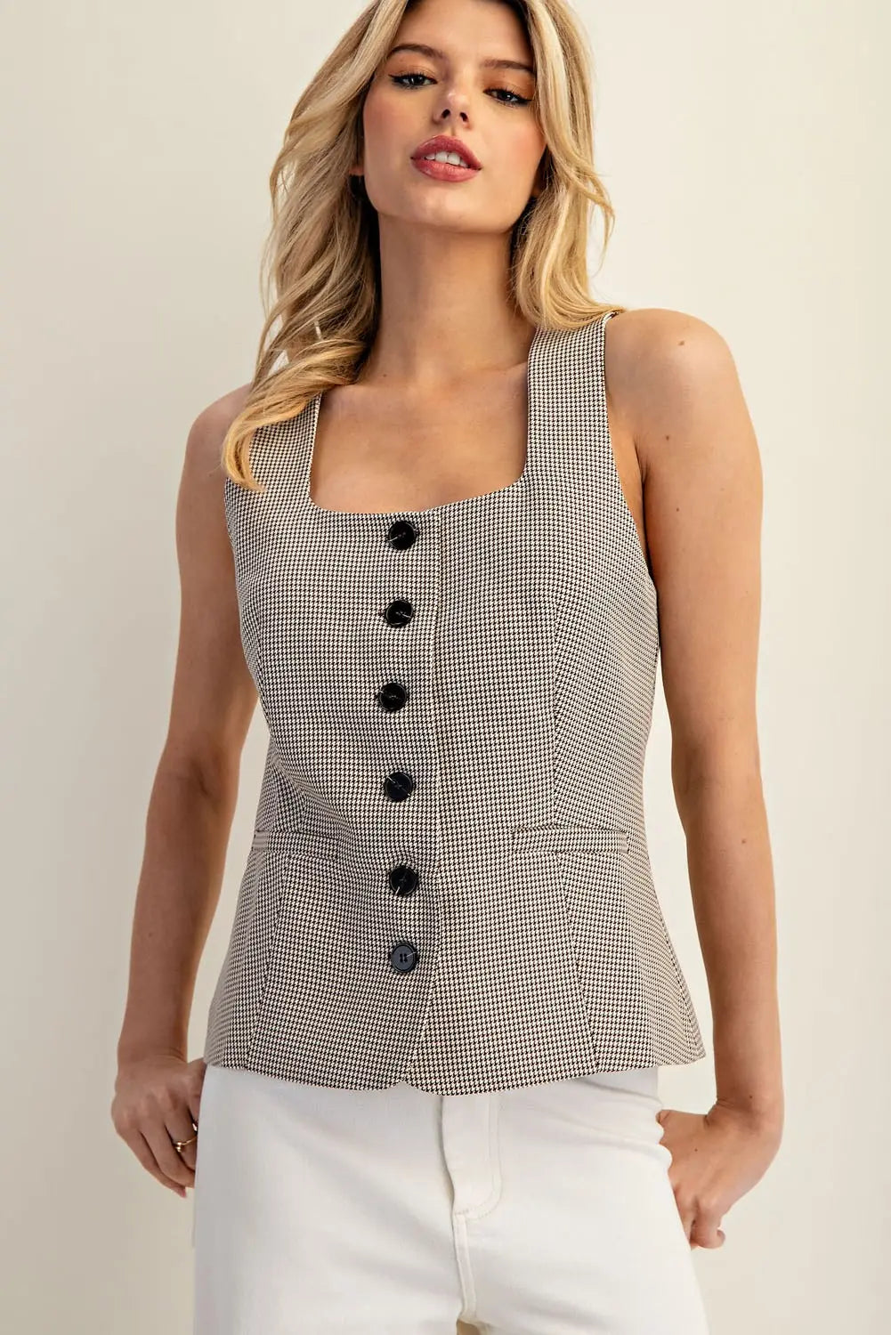 Houndstooth Square Neck Vest Top | Brown