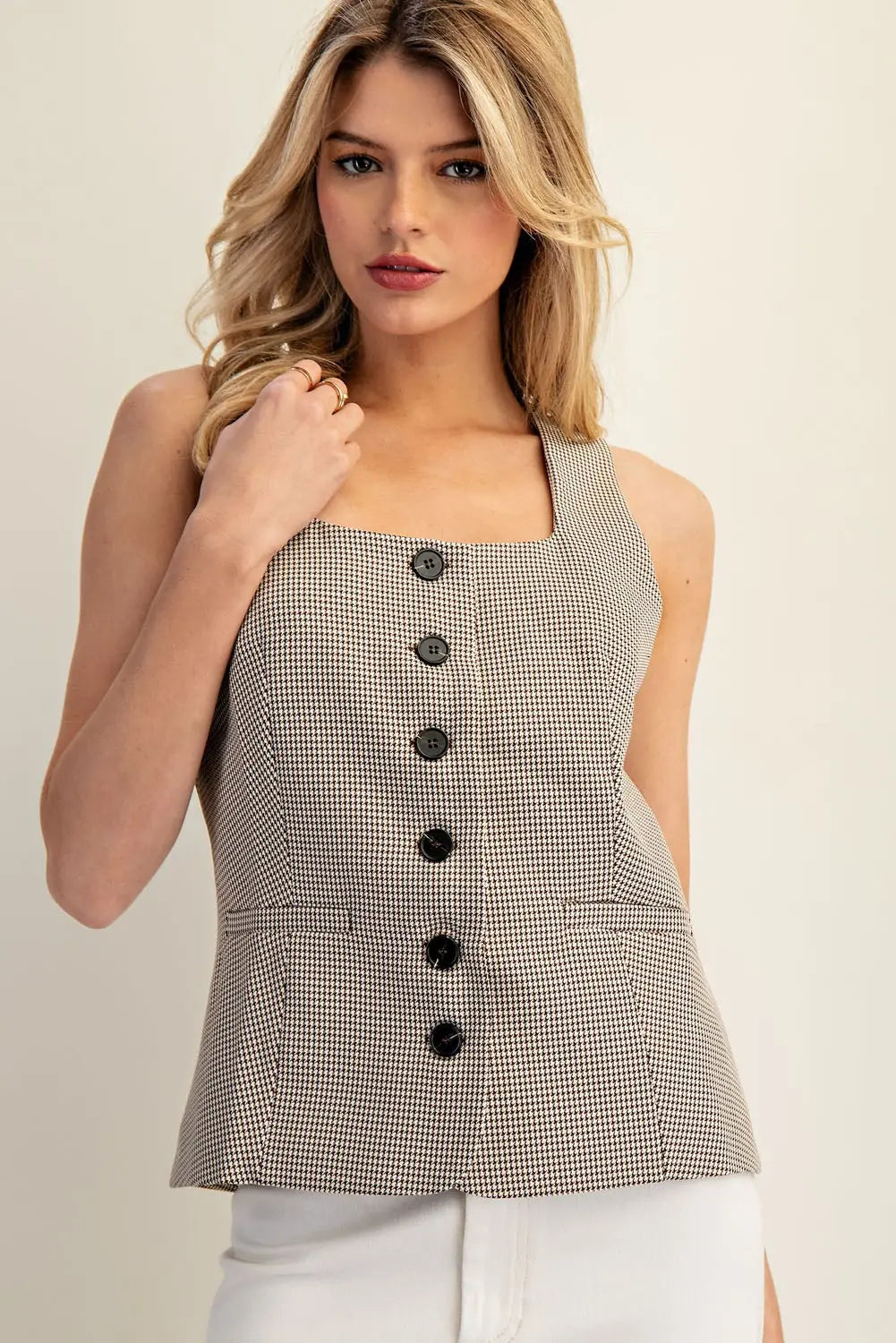Houndstooth Square Neck Vest Top | Brown