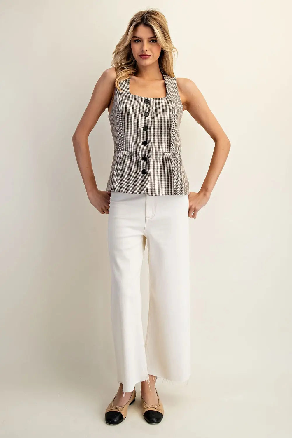Houndstooth Square Neck Vest Top | Brown
