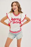 Game Day Ruffle Sleeve Knit Top | White/Red