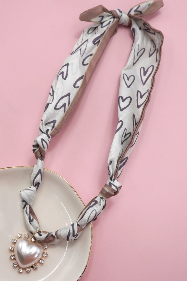 Handmade Scarf Necklace | Taupe/Pearl Heart
