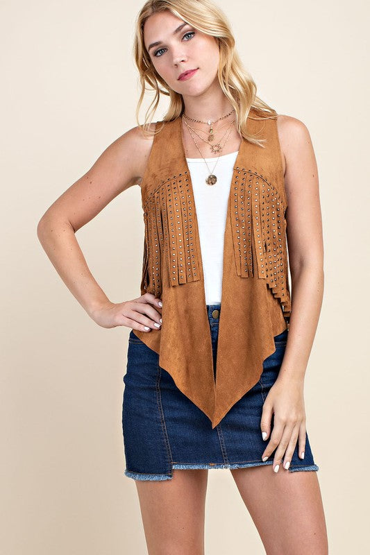 Finge Studded Suede Vest | Camel