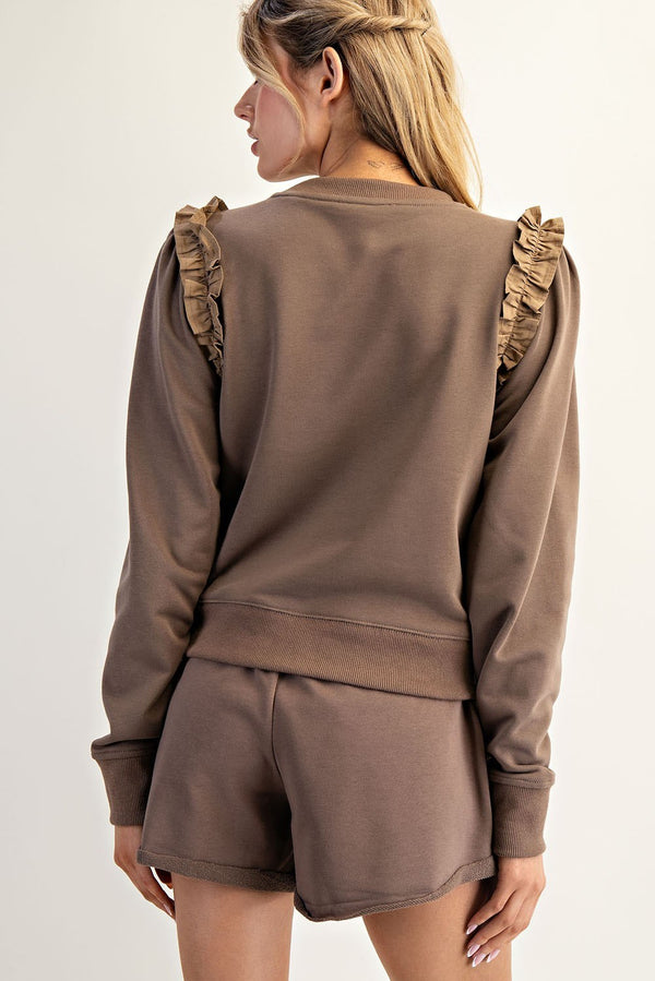Ruffle Shoulder Sweatshirt Top | Mocha