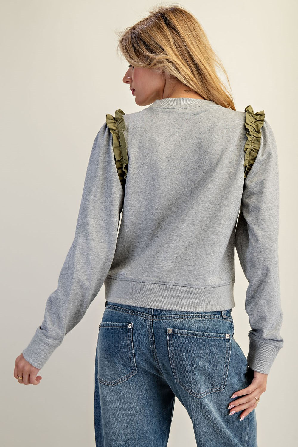Ruffle Shoulder Sweatshirt Top | Heather Grey