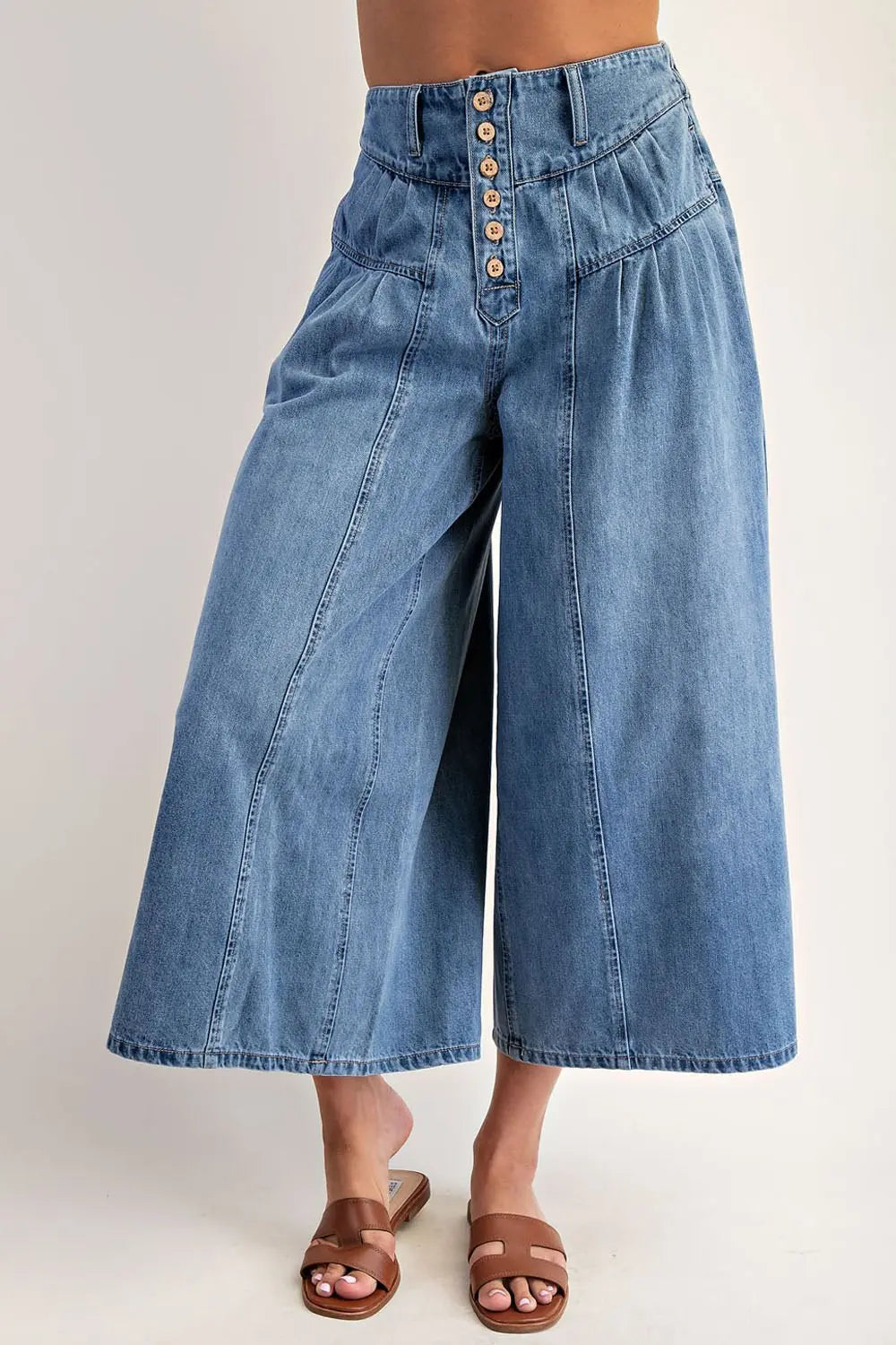 Stone Washed Cropped Culottes Pants | Denim