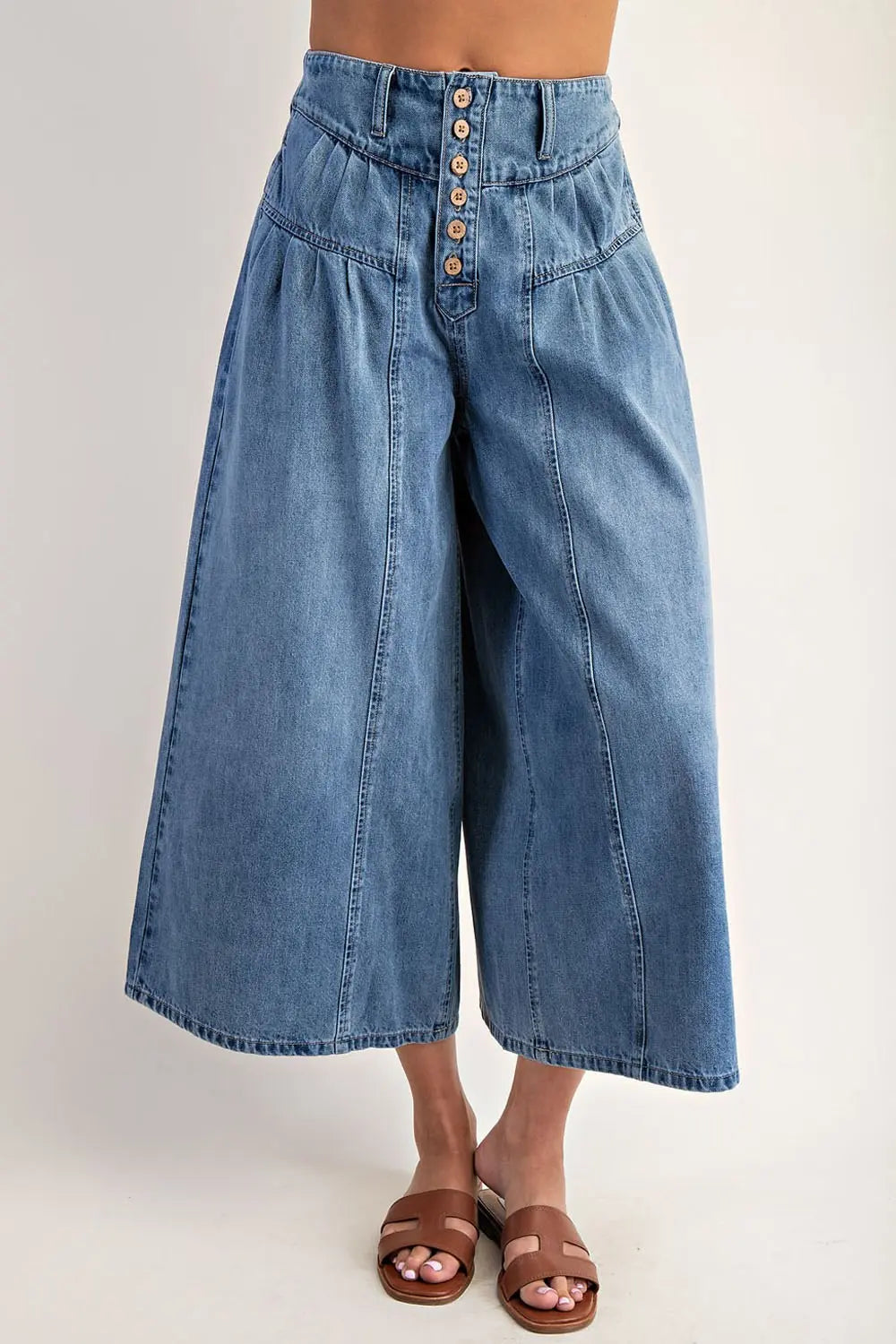 Stone Washed Cropped Culottes Pants | Denim