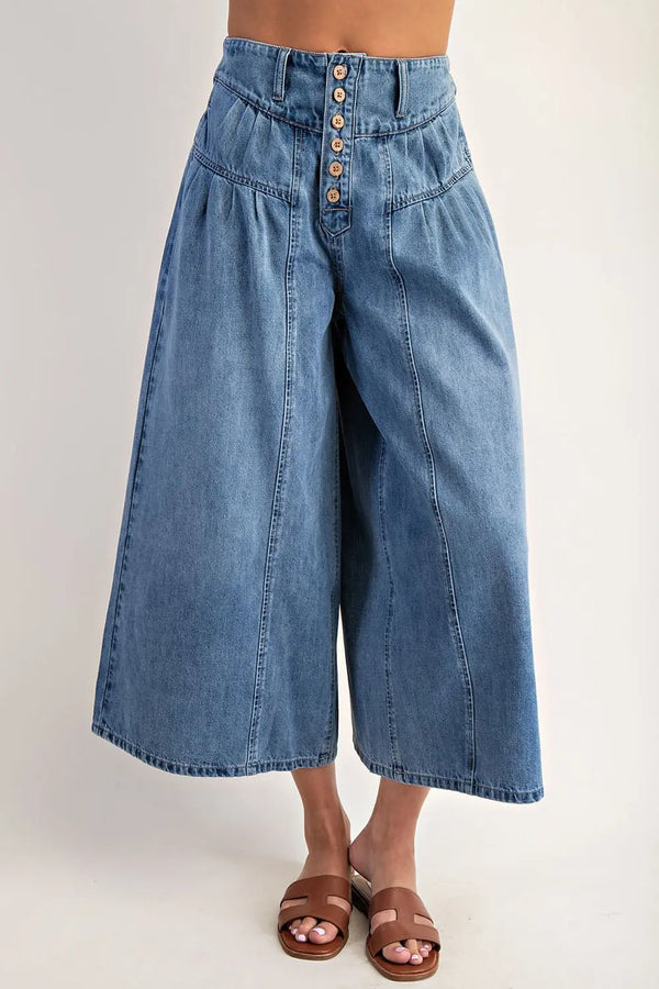 Stone Washed Cropped Culottes Pants | Denim