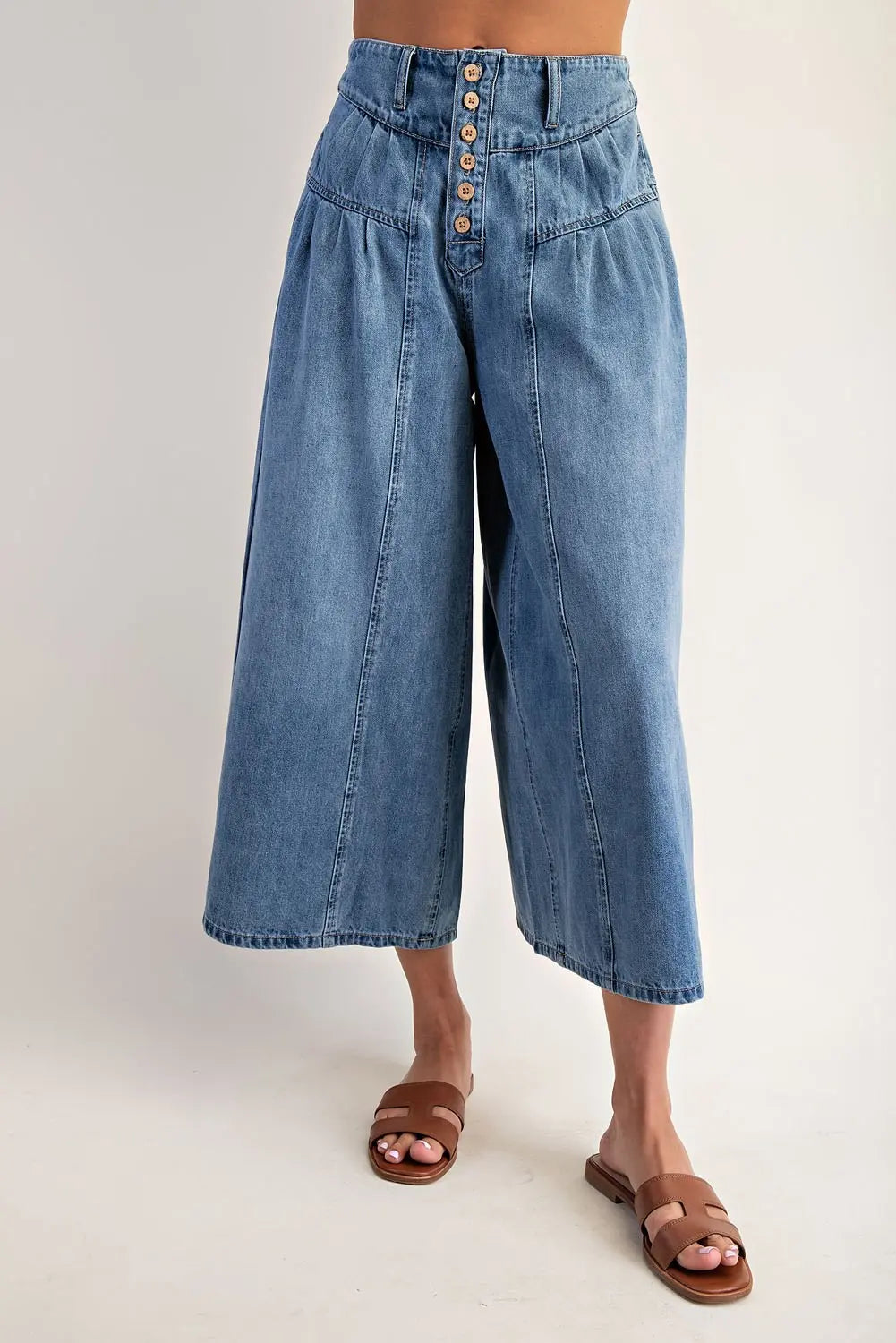 Stone Washed Cropped Culottes Pants | Denim
