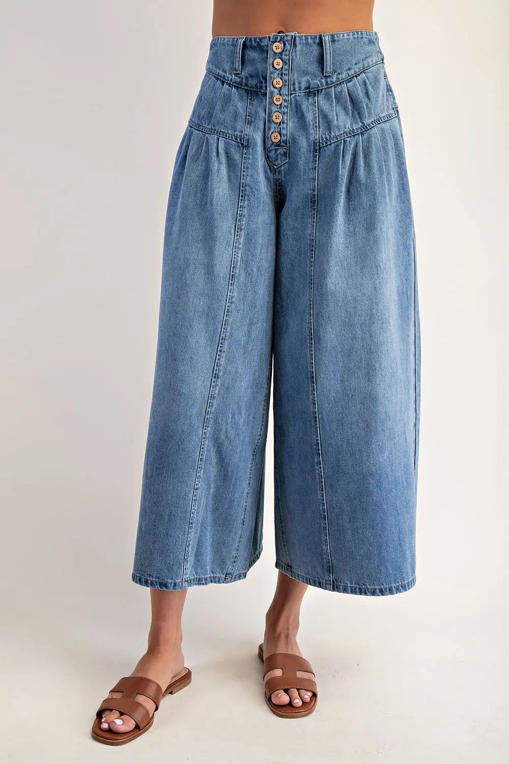 Stone Washed Cropped Culottes Pants | Denim