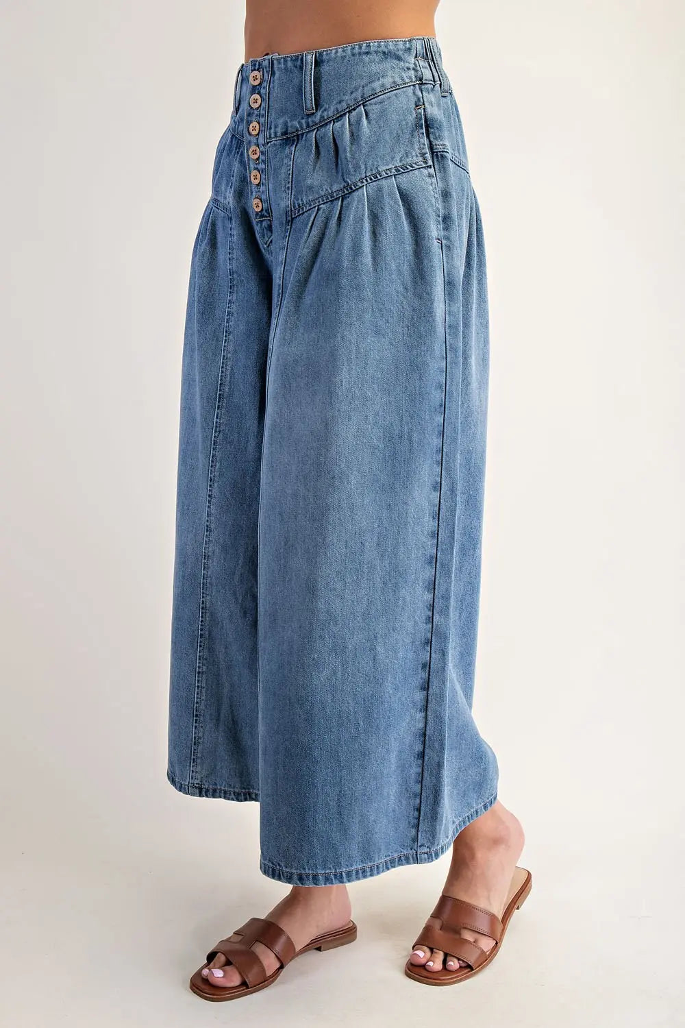 Stone Washed Cropped Culottes Pants | Denim