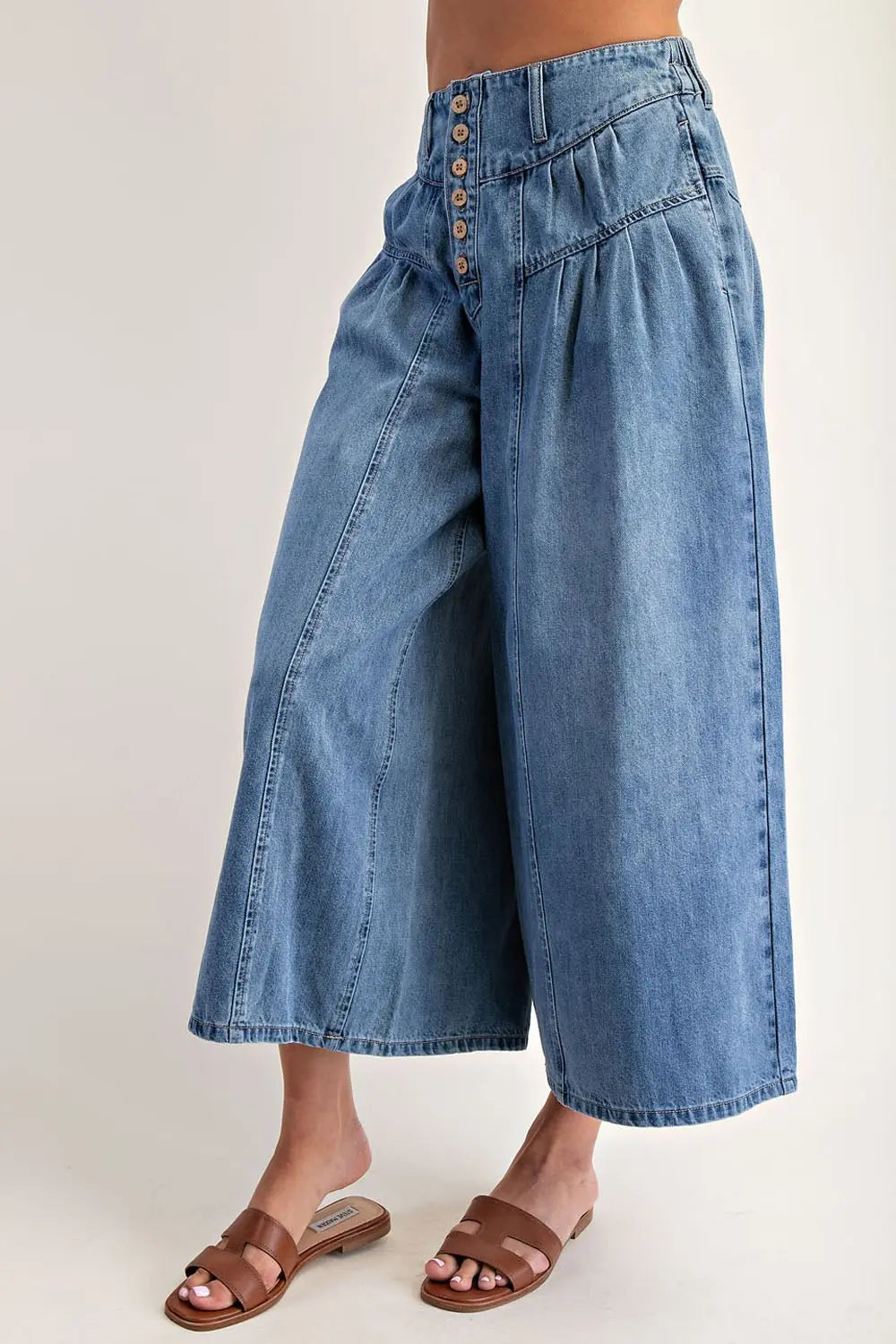 Stone Washed Cropped Culottes Pants | Denim