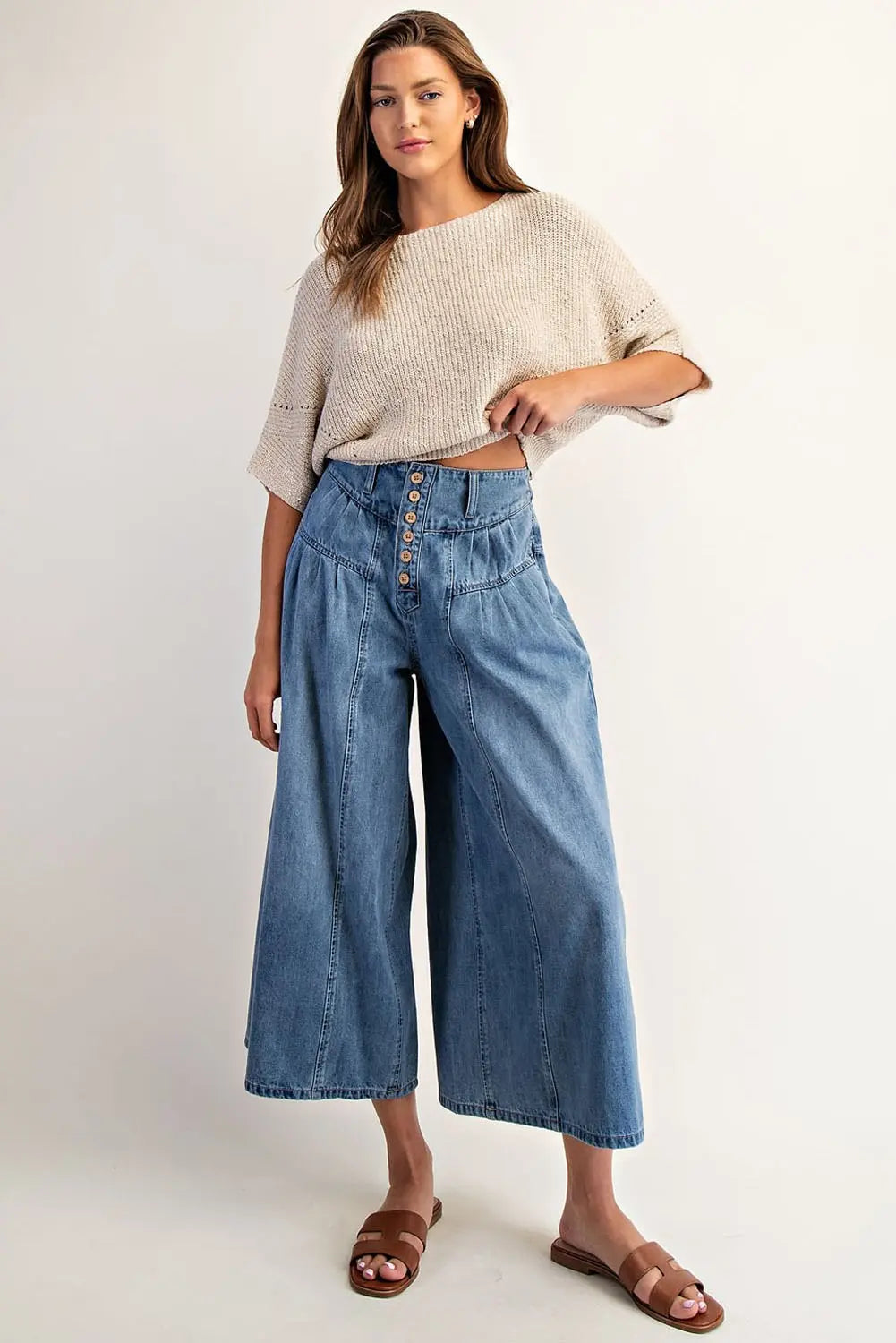 Stone Washed Cropped Culottes Pants | Denim