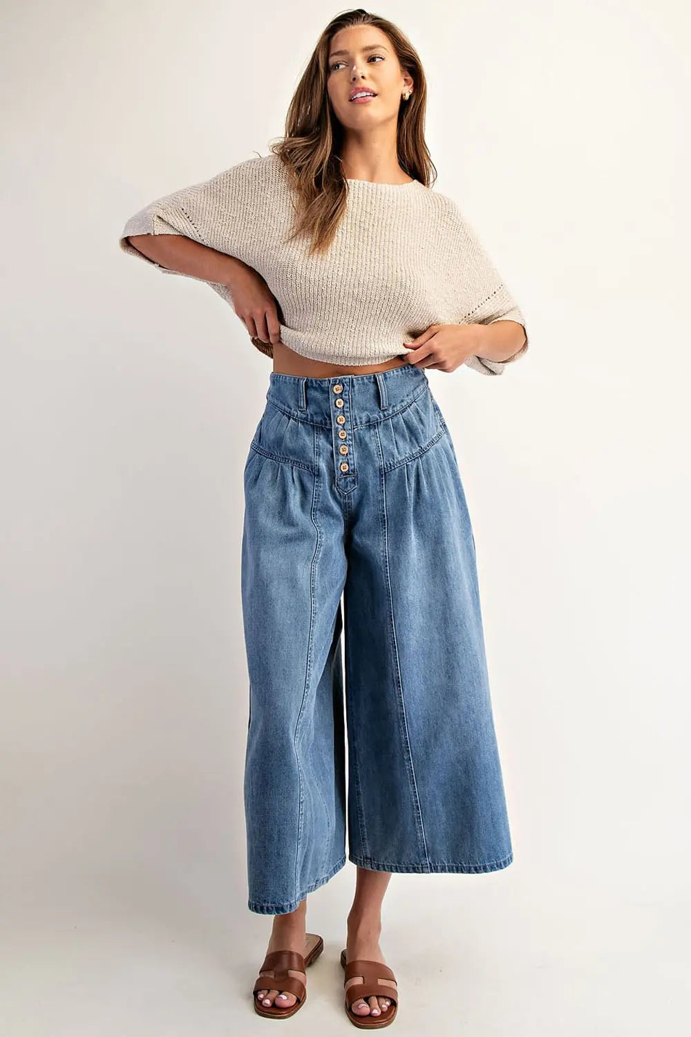 Stone Washed Cropped Culottes Pants | Denim