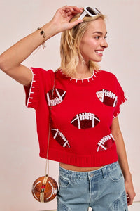 Football Sequin Game Day Stitch Sweater Top | Red