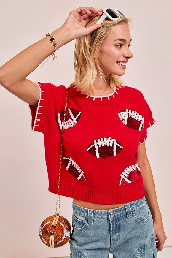 Football Sequin Game Day Stitch Sweater Top | Red