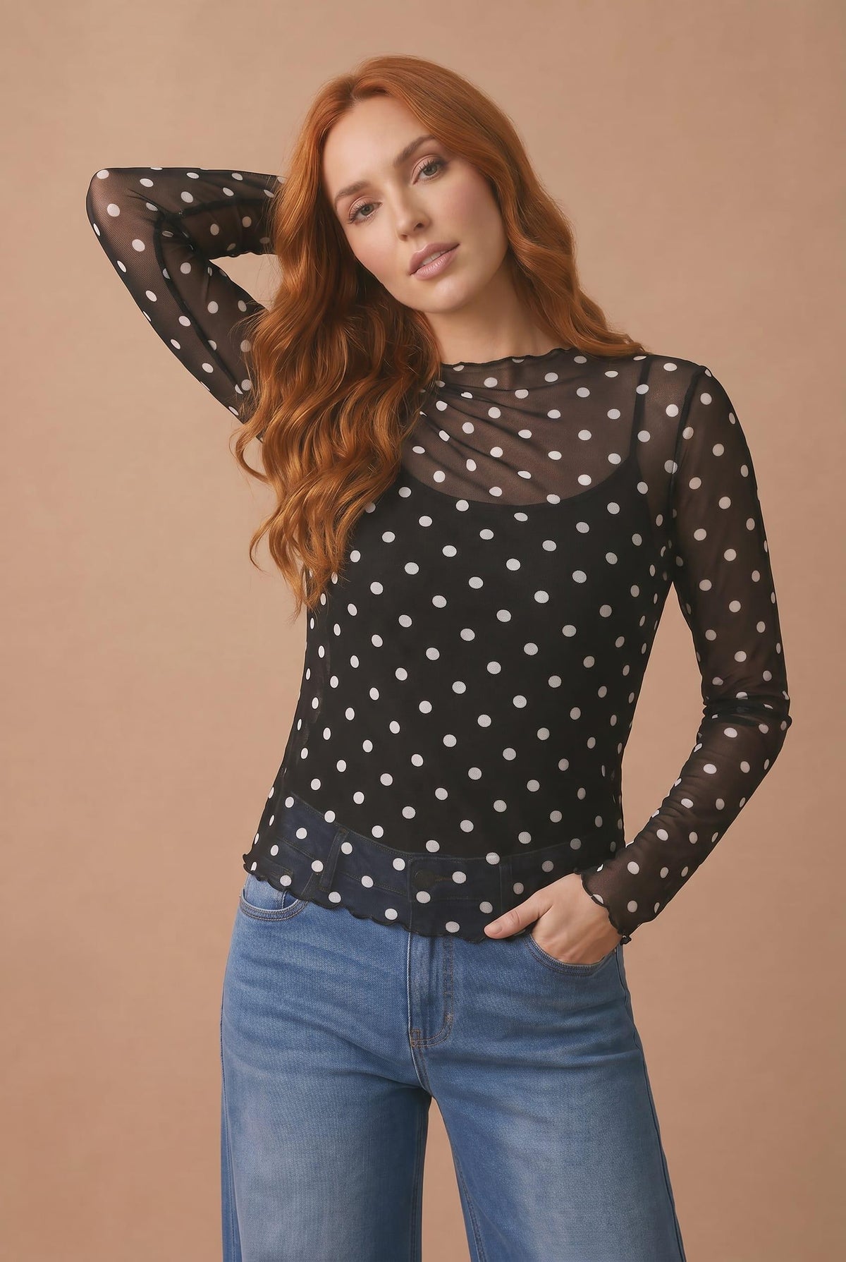 Polka Dot Mesh Sheer Top | Black
