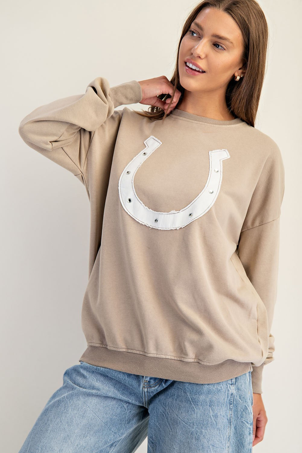 Snow Washed Horseshoe Sweater Top | Almond