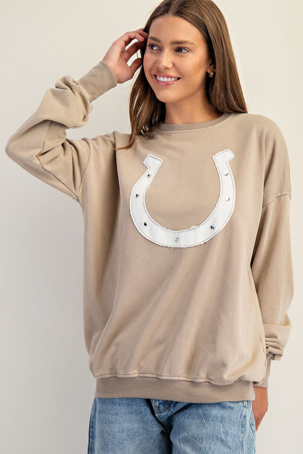 Snow Washed Horseshoe Sweater Top | Almond