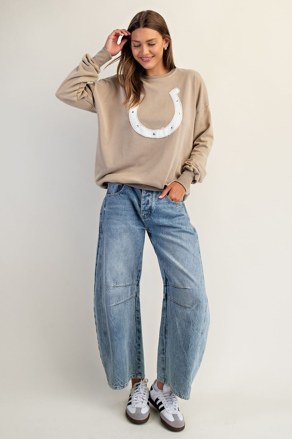Snow Washed Horseshoe Sweater Top | Almond