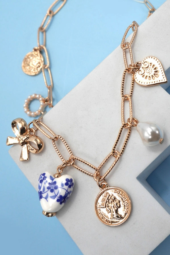 Gold Charm Necklace | Blue Ceramic Porcelain Bow Coin