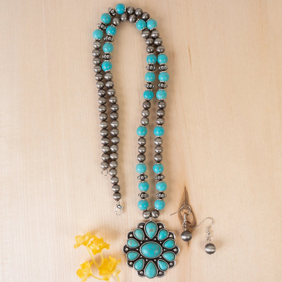 Western Necklace | Squash Blossom Turquoise Silver