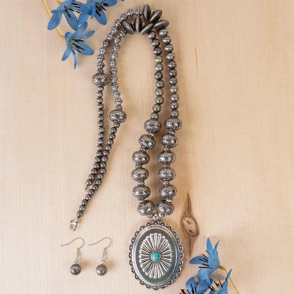 Western Necklace | Silver Turquoise Squash Blossom Concho